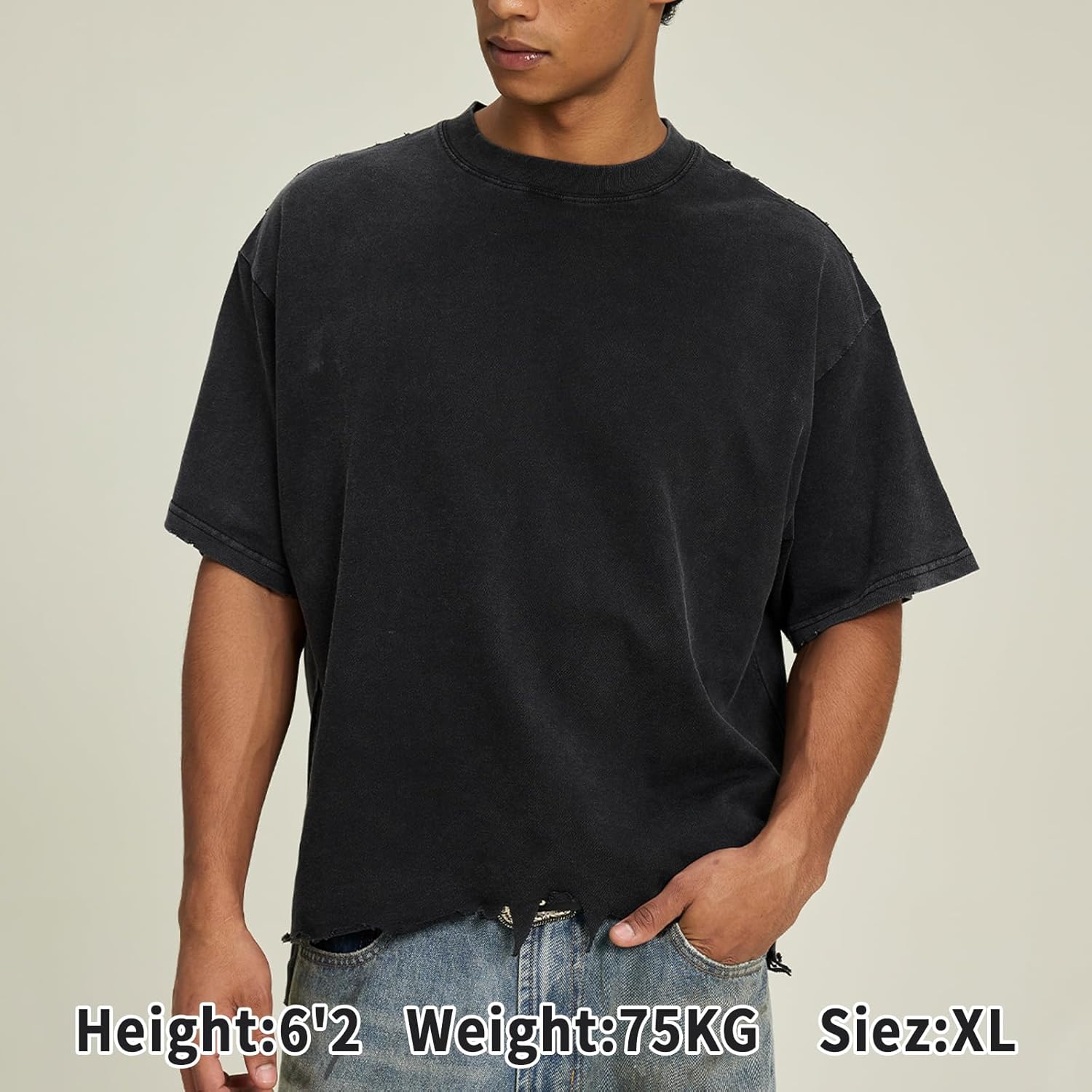 Men’s Boxy Cropped Oversized T Shirt Heavyweight Cotton Vintage Distressed Streetwear Tee - Image 4