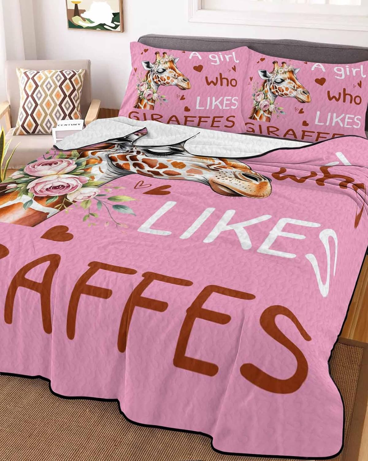 King Size Quilts Set, Giraffes Flowers Lightweight Comforter Bedding Sets for All Seasons, A Girl Who Likes Giraffes Elegant Animals Pink Quilted Bedspread with 2 Pillow Covers 90" x 96"
