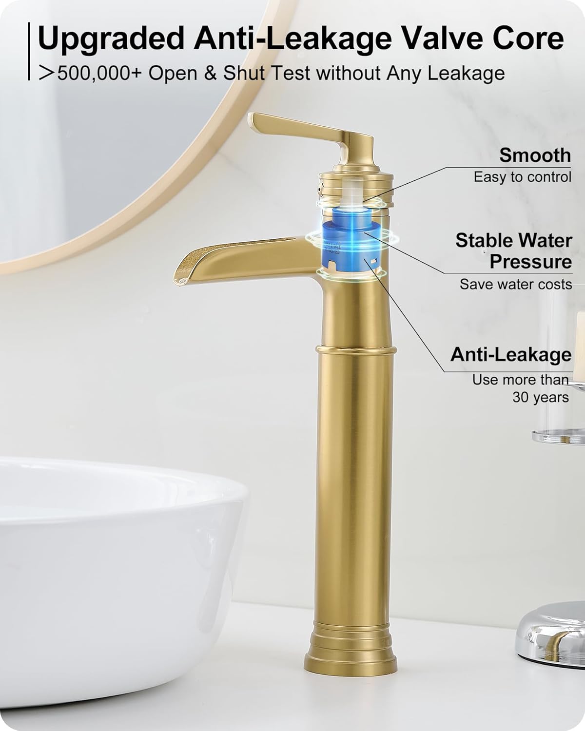 Brass Vessel Sink Faucets, Brushed Gold Waterfall Bathroom Faucets Tall Single Hole, 1 Handle with Pop-up Drain & Supply Pipe for Bathroom Vessel Sink Bowls