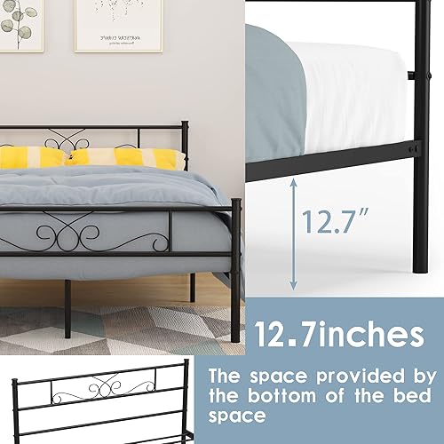 Miniatura 6 de Weehom - Base de cama metálica de tamaño completo con cabecera, estribo y almacenamiento debajo, listones de acero de 12.7 pulgadas, base de Negro