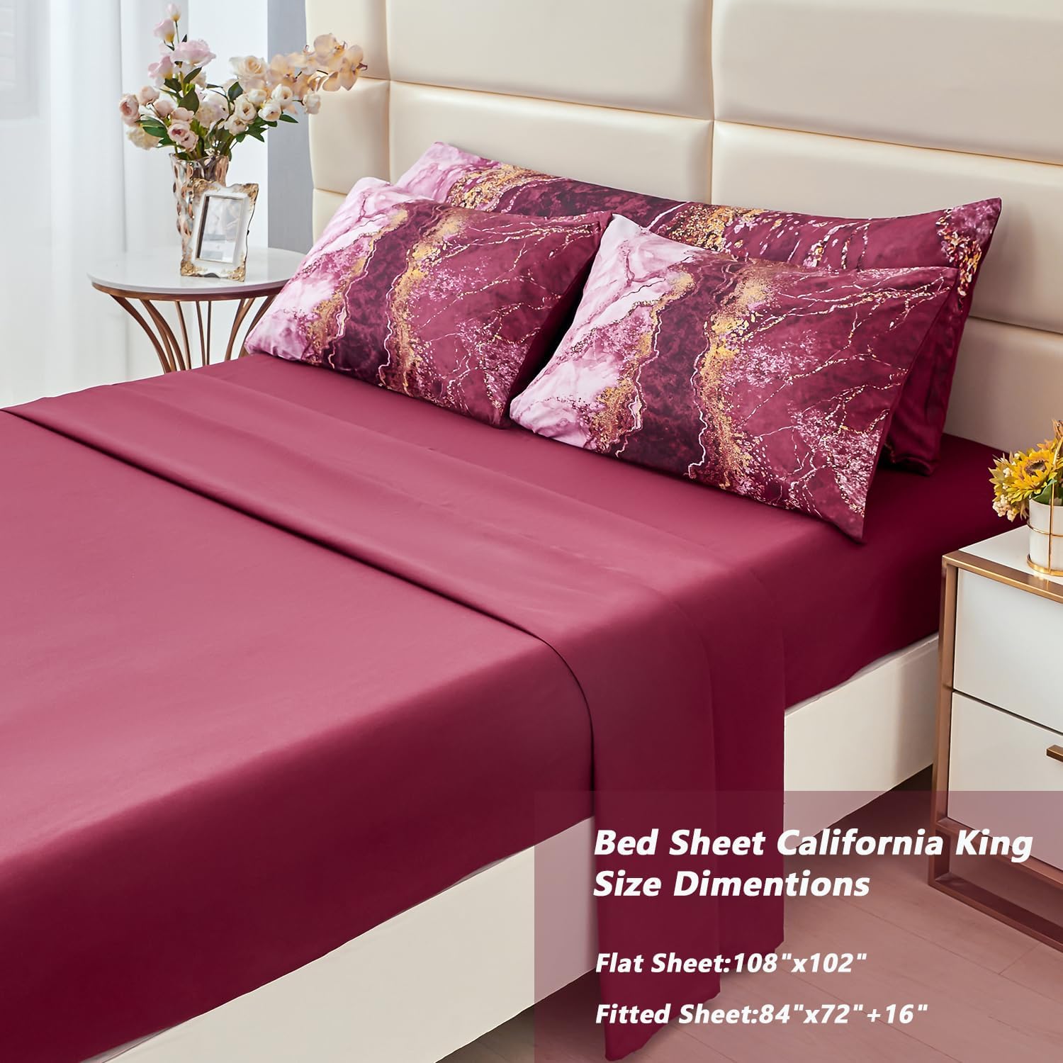 California King Comforter Set 6 Pcs Burgundy Watercolor Marble Printed Bed in A Bag Comforter Set Aesthetic Artwork Tie Dye Dark Red Bedding Quilt Set(Burgundy, Cal King) image 5