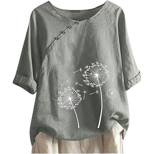 Linen Tops for Women 2024 Dandelion Graphic Cotton Tops Casual Summer Boho Gauze Blouse 2024 Trendy Clothing