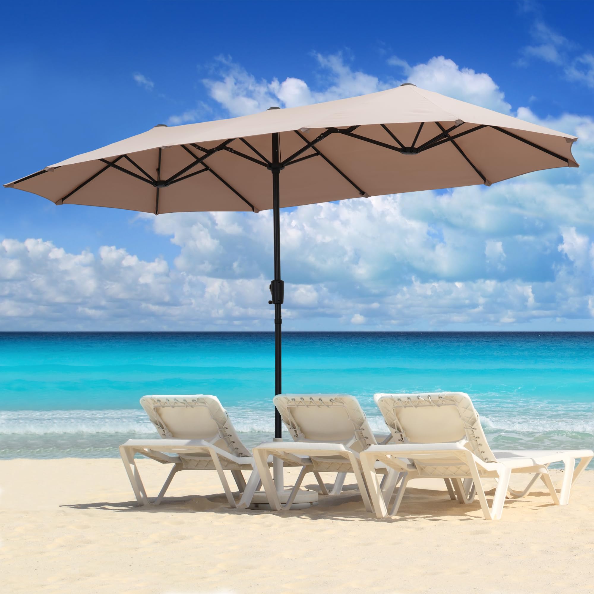 OVASTLKUY 13Ft Large Patio Umbrella Outdoor Double-Sided Market Umbrella w/Easy Crank for Yard, Poolside, Deck, Khaki