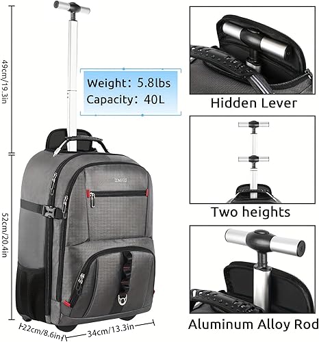 Miniatura 5 de ZOMFELT Mochila con ruedas, mochila de viaje con ruedas, mochila de mano con 3 cubos de embalaje, mochila para laptop con ruedas de 17.3 pulgadas