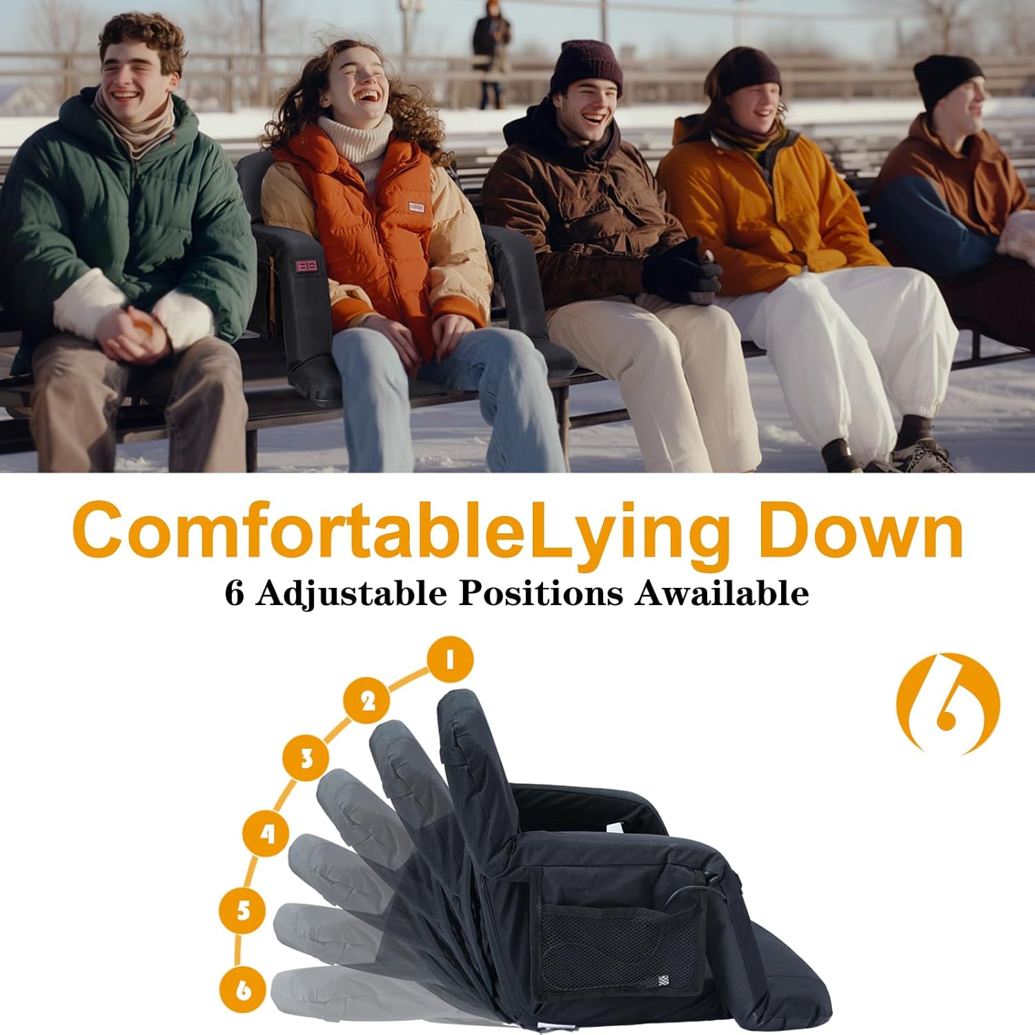 Dual-Sided Heated Stadium Seats, 21 Inche Folding Bleacher Cushion with 10000mAh Portable Power, 3 Levels of Heat, 6 Reclining Positions for Indoor Stadiums, Baseball Stadiums