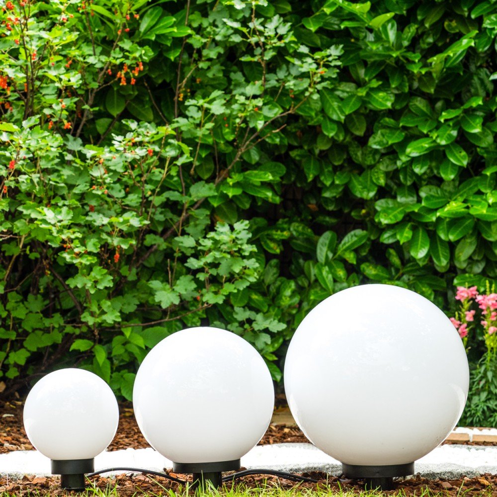lampada a globo Miau, set di 3 lampade, lampade da esterno in plastica bianca Ø 20, 30 e 40 cm, globi luminosi, E27, lampade a globo con cavo di alimentazione di 5 metri, senza lampadina/e