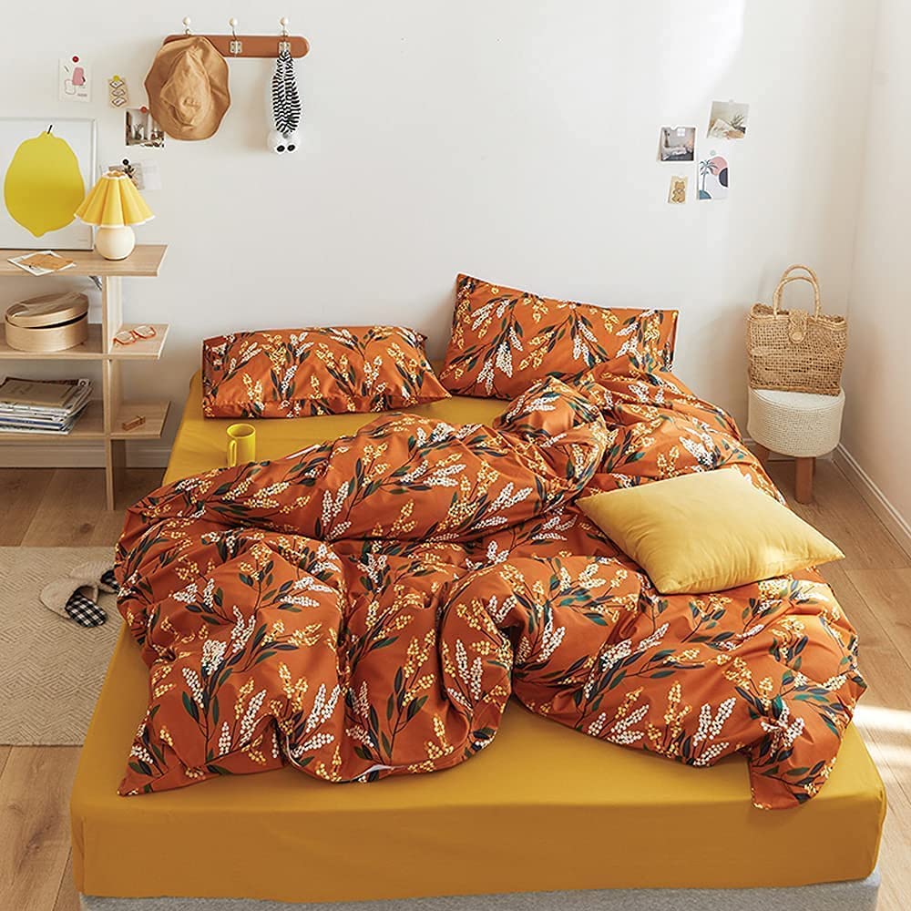 Wellboo Boho Floral Comforter Sets Queen Size Pumpkin Botanical Bedding Comforters Cotton Women Girls Jacinth Floral Bed Quilts Aesthetic Reddish Orange Blanket Luxurious Blossom Bohemian Bed Rustic