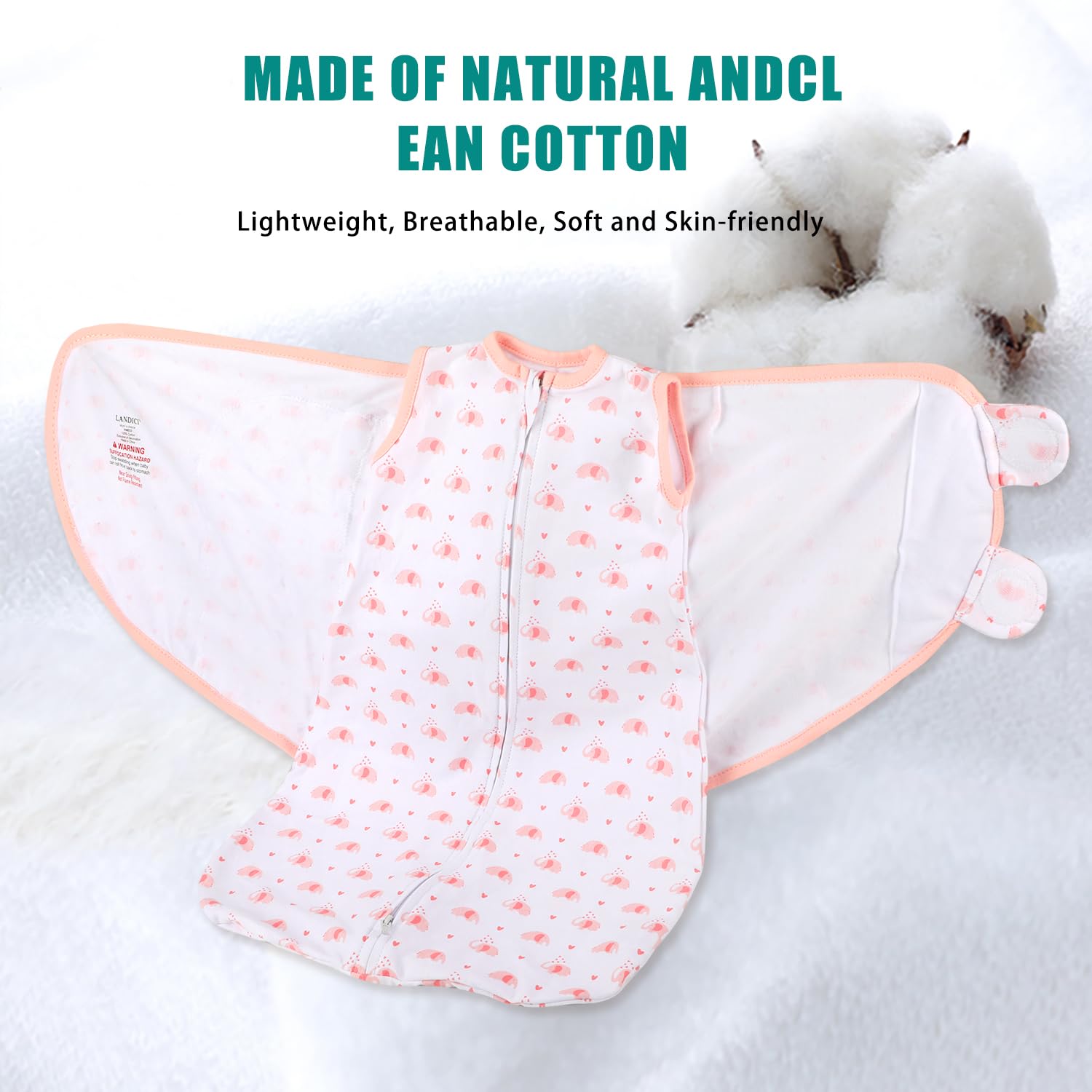 LANDICI Baby Sleeping Bag Sack 0-3 Months,100% Cotton Swaddles for Newborn,3-Way Adjustable Baby Wearable Blanket Wrap,Easy Change Sleepsack Swaddle for Infant Boy Girl,Baby Essentials (Pink Elephant) - Image 3