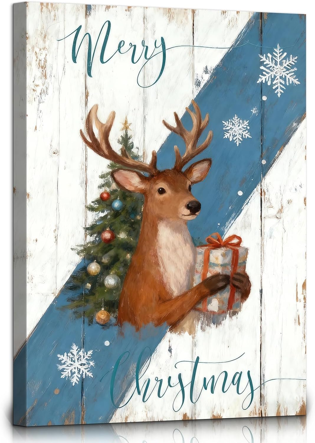 Santa's Reindeer Christmas Tree Framed Canvas Art, Winter Holiday Wall Decor for Living Room, Festive Deer Pictures Art Prints for Bedroom, Classic Santa Gifts, 12x16 Poster Decor