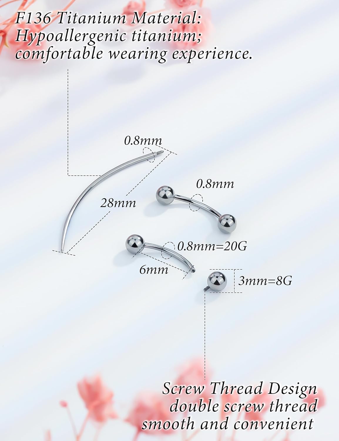 Eyebrow Piercing Jewelry F136 Titanium Internally & externally Threaded Curved Barbell Vertical Labret Lip Jewelry Ear Rook Navel Belly Button Ring Women Men 20g 18g 16g 6mm/8mm/10mm/12mm image 3
