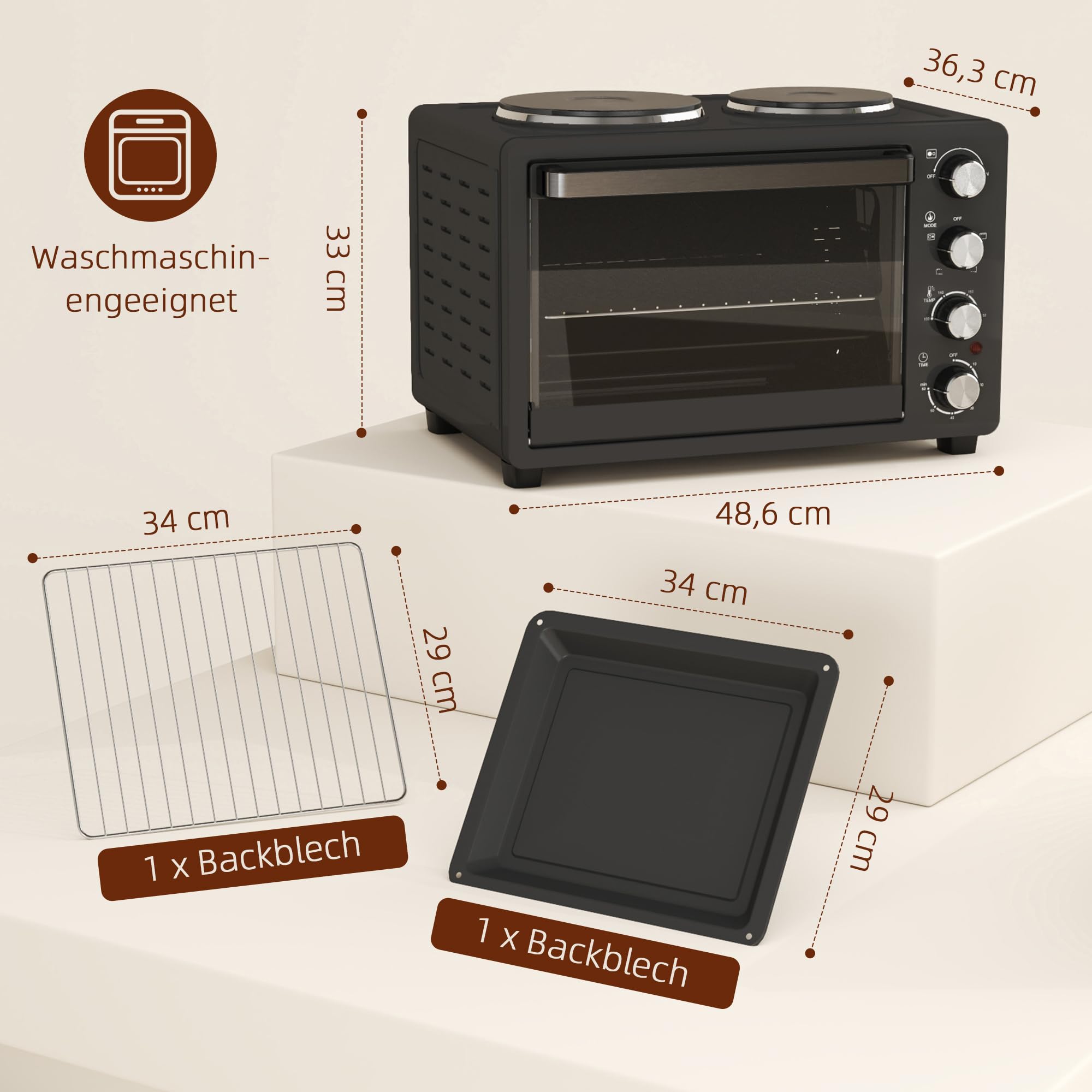 HOMCOM Minibackofen 28 L 2600W 100-230℃ Pizzaofen mit 60 Min. Timer, Grillrost 2 Kochplatten, Backblech, Mini Backofen mit Tablettgriff, Krümelblech, Schwarz