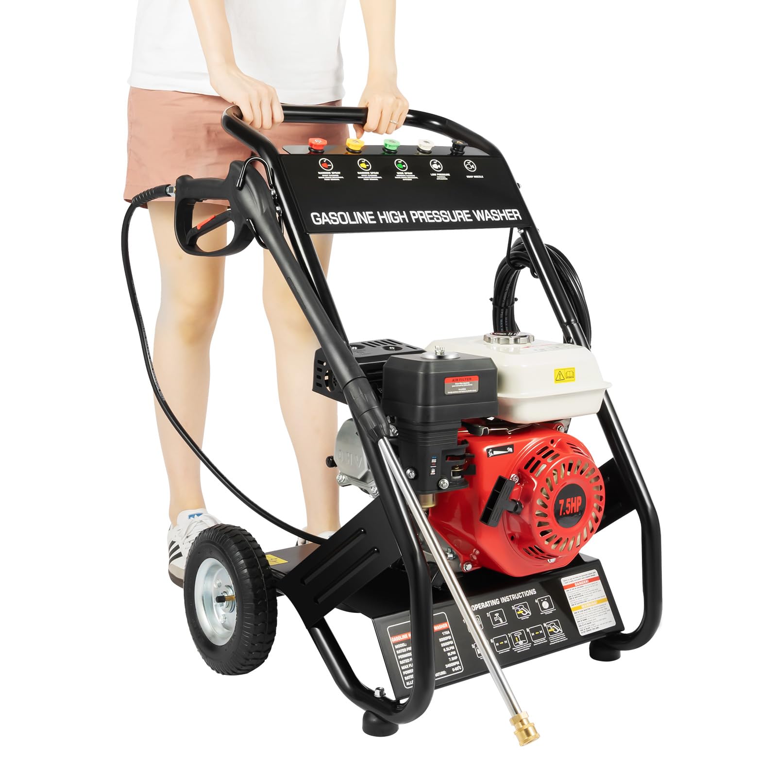 7.5HP Hidrolimpiadora Gasolina, 3400RPM Iimpiador de Alta Presión Profesional con 5 Boquillas, Motor 4 Tiempos Apto para Coches, Vallas, Casas y Terrazas