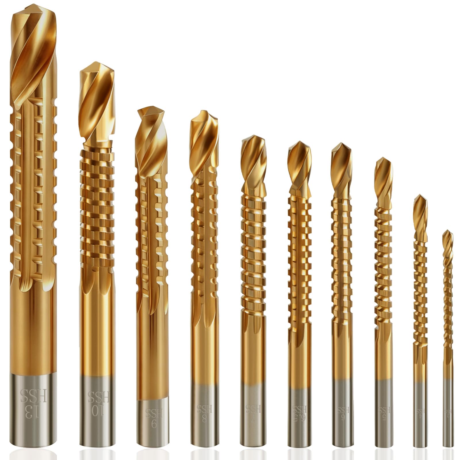 JONMON 10 Pack Titanium Coated HSS Twist Drill Bits - 3-13mm Serrated Drilling Grooving Side Cutting Drill Bit, Woodworking Hole Enlarging Tools for Wood, Plastic, Aluminum, Thin Metal