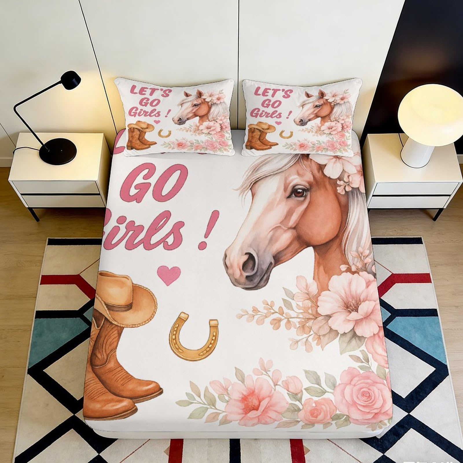3D Printed Cowgirl Horse Fitted Sheet Microfiber Floral Western Bed Cover for Bedroom Dorm Mattress Protection Decor 180x200x25cm