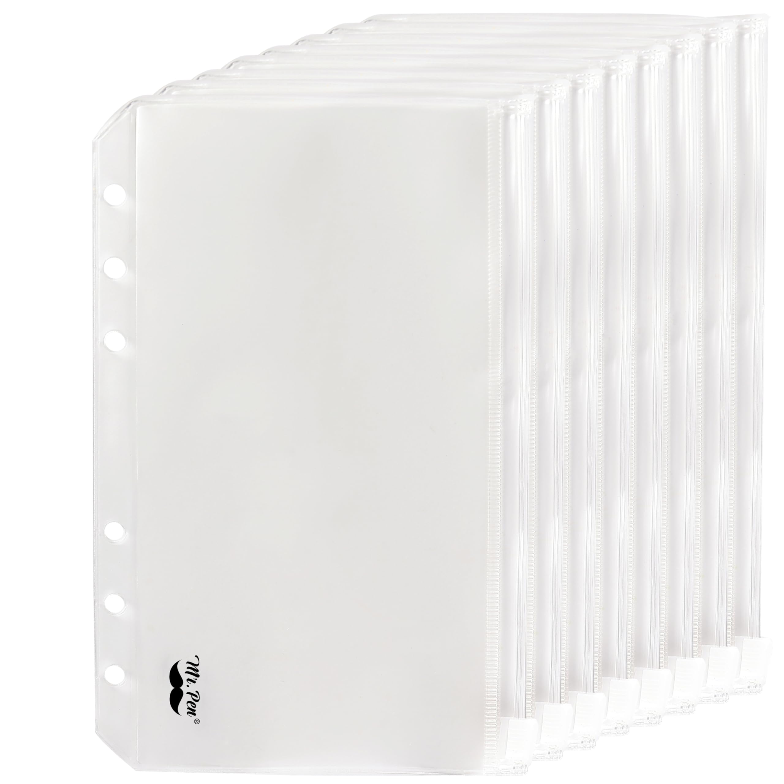 Mr. Pen- A6 Binder Pockets, 8 Pack, 6 Holes, A6 Binder Inserts, Clear Cash Envelopes, Plastic Envelopes with Zipper
