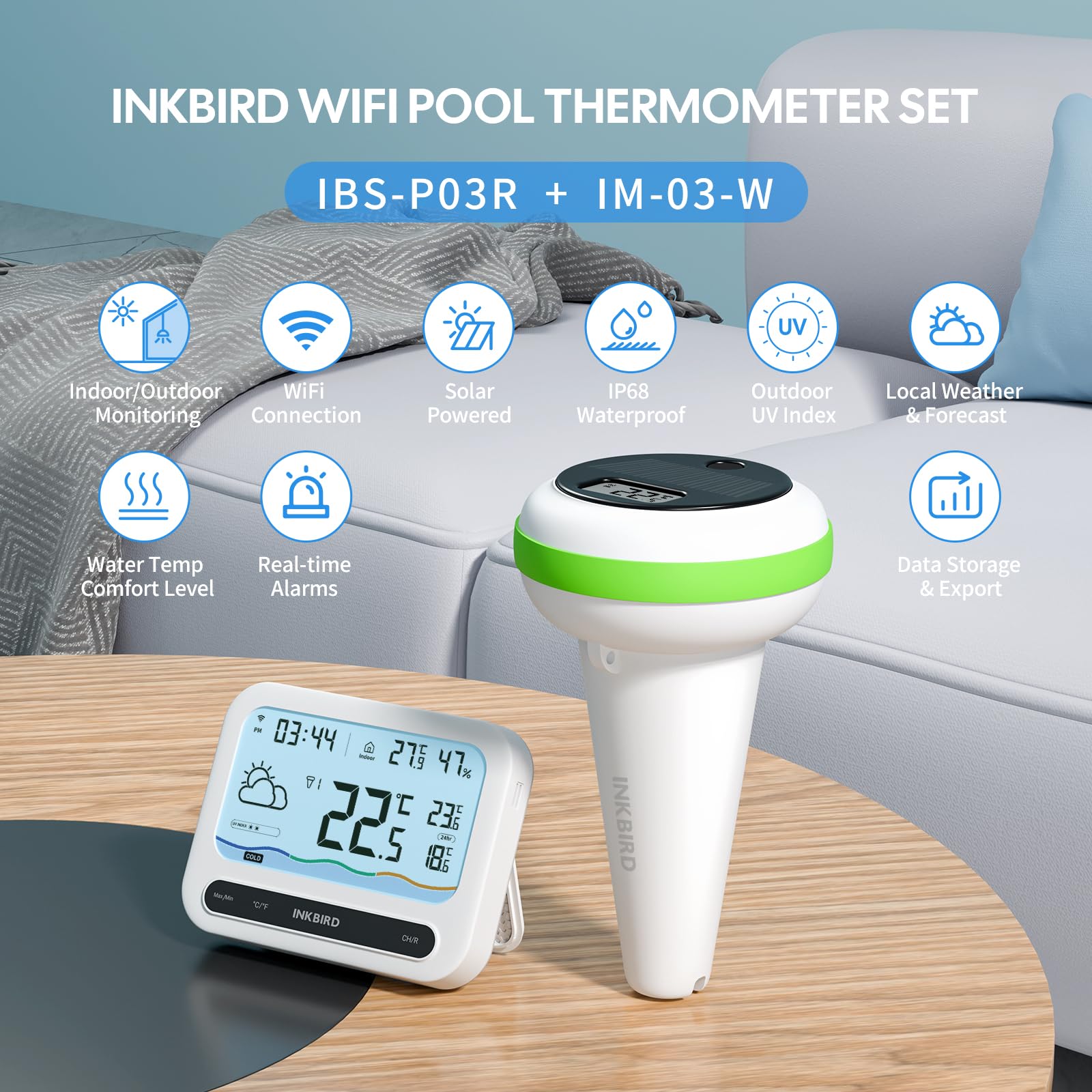 Inkbird IBS-P03R Solar-Poolthermometer-Kombi-Set, WLAN-Gateway mit Wetterinfo, UV-Index, Temperatur- und Feuchtigkeitsalarmen