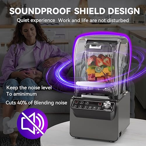 Miniatura 3 de Licuadora comercial 70oz 3.5 hp 5 funciones programables, licuadora silenciosa con panel táctil digital impermeable y carcasa de sonido silenciosa -