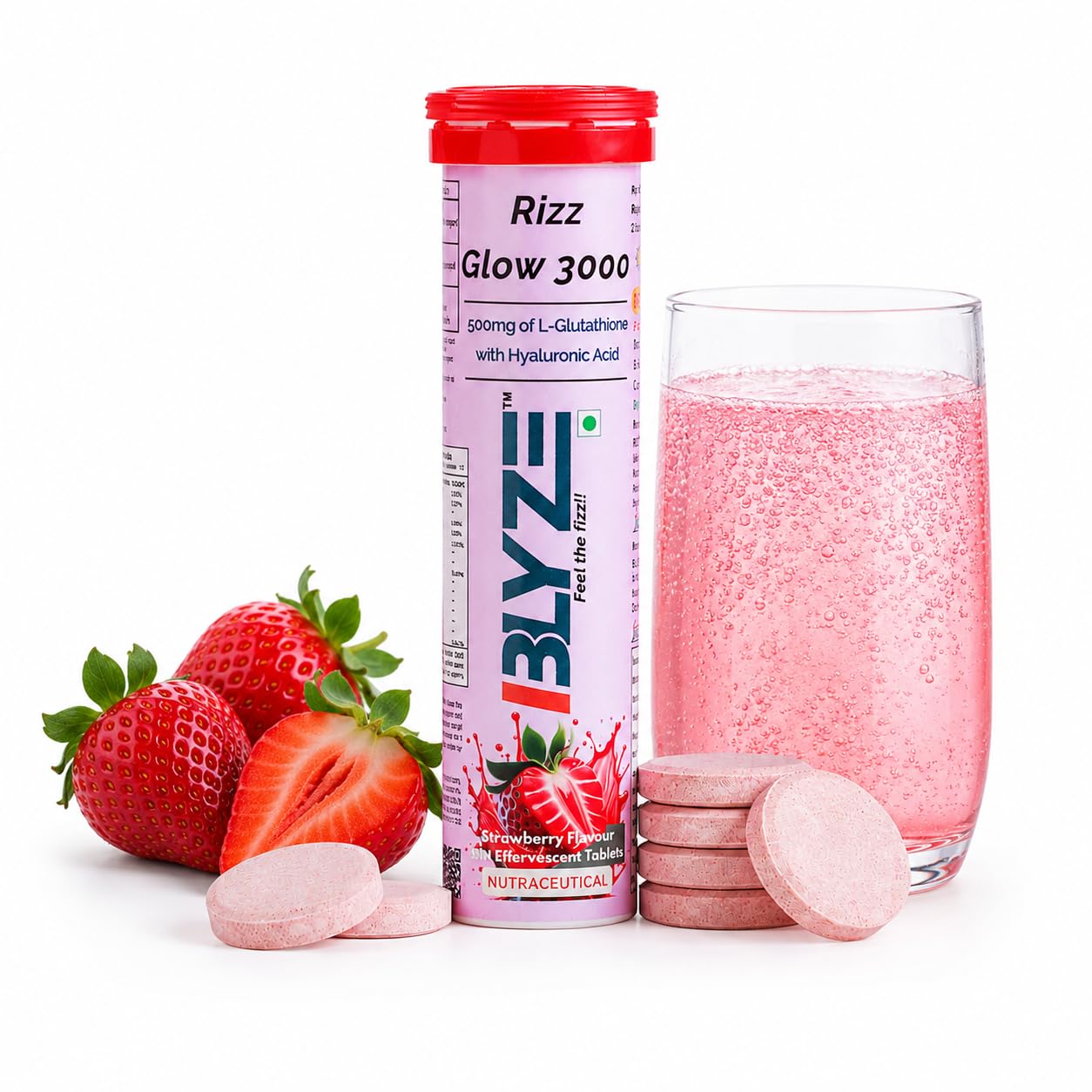 BLYZE Rizz Glow 3000 Glutathione Effervescent Tablets for Clear, Glowing and Youthful Skin – 500mg Glutathione with Hyaluronic Acid, No Sugar, No Maltodextrin – Pack of 1 (15 Tablets) Strawberry Flavor-image-12