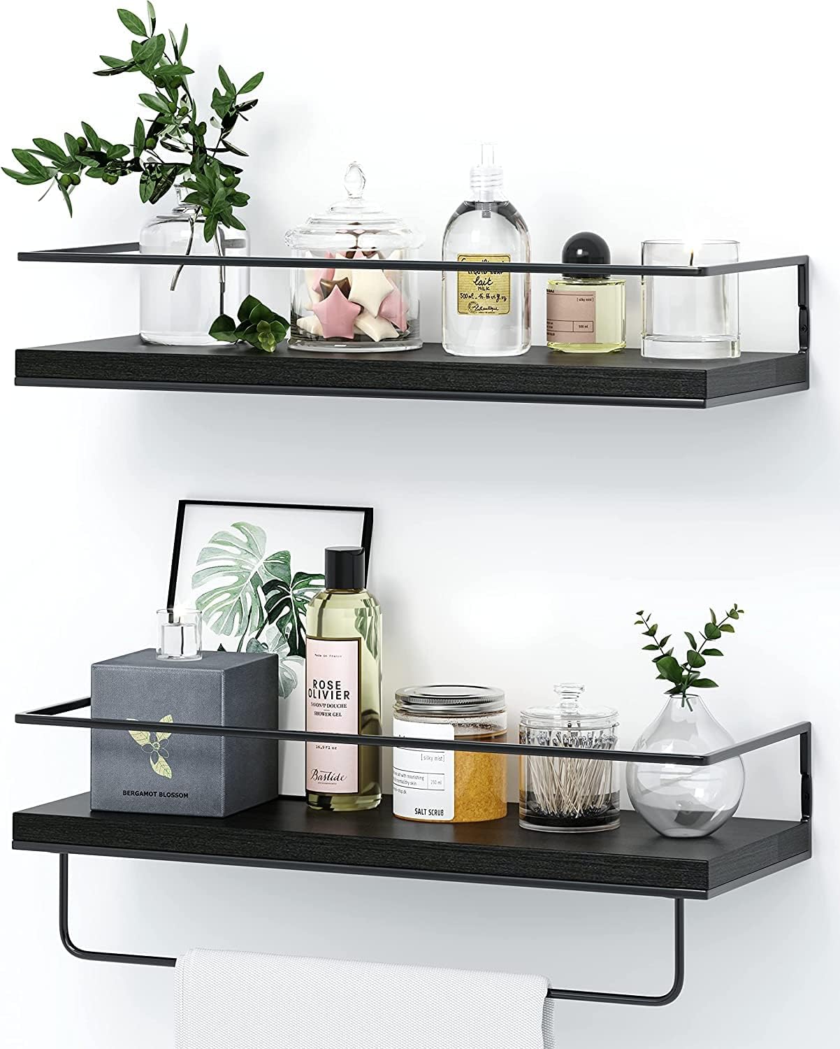 NUCAZA Black Floating Shelves Wall Mounted Set of 2 With 18kg Weight Capacity, Hanging Wall shelves for Bedroom, Kitchen, Bathroom, Living Room, Home Office, Storage Organiser - Solid Wood Shelf
