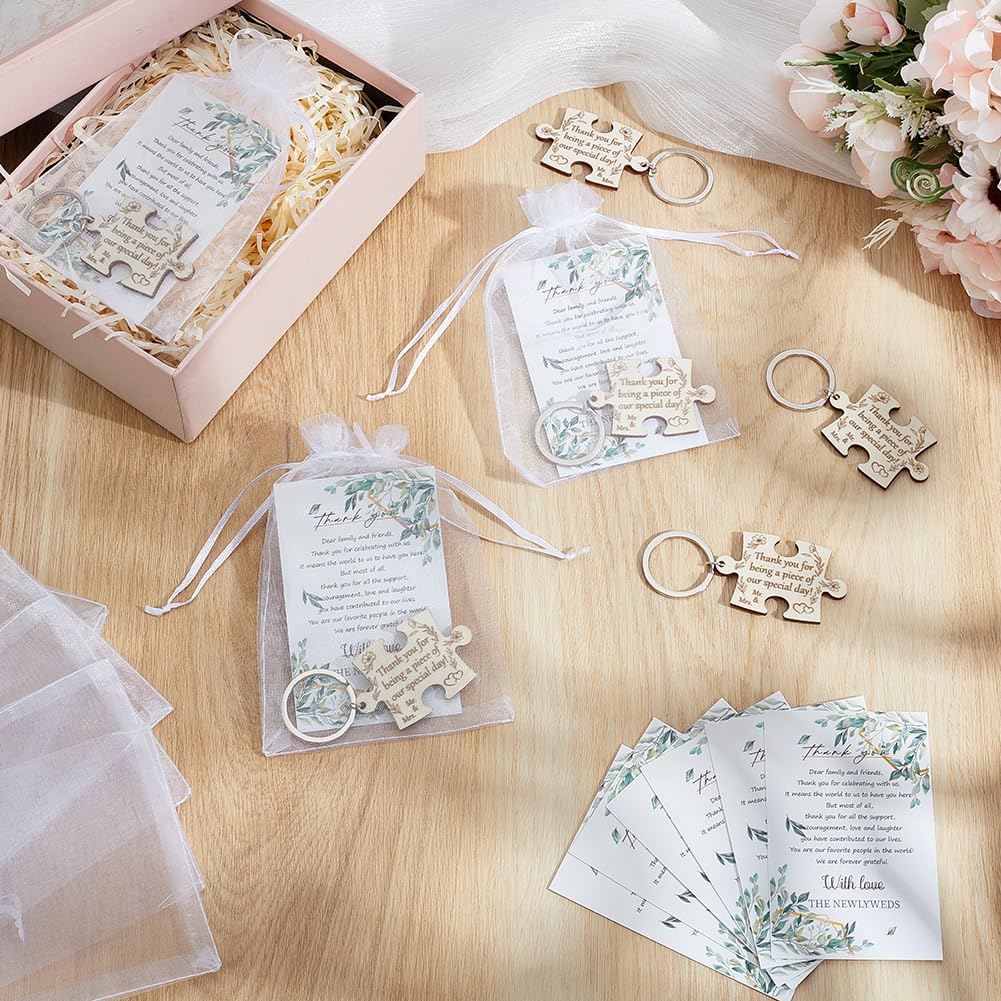 ORIGACH Set di 100 bomboniere per ospiti di nozze con portachiavi in legno puzzle di ringraziamento sacchetti in organza, per feste e feste di nozze
