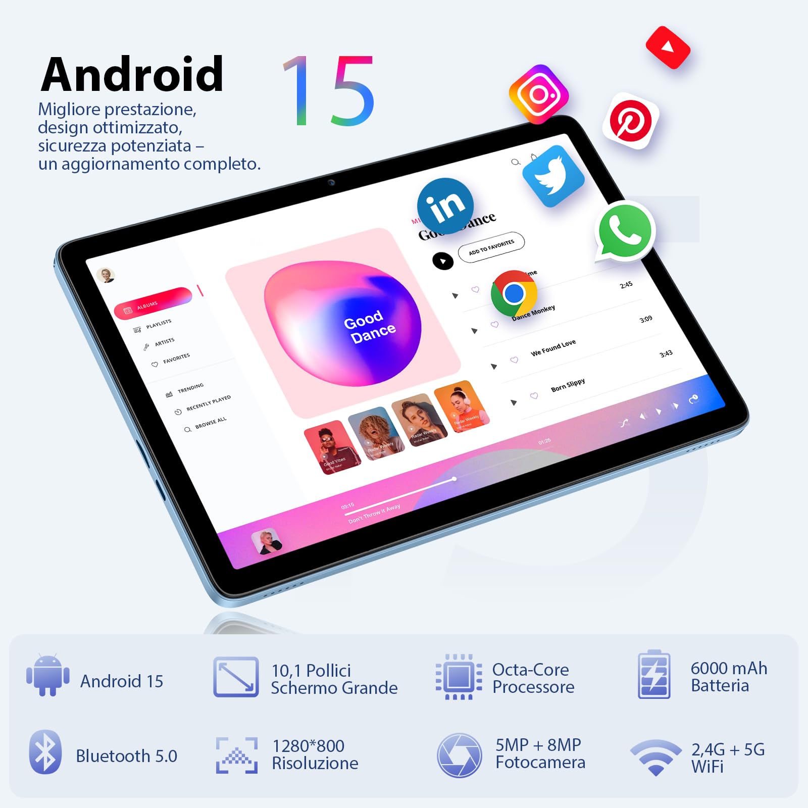 Tablet 10 Pollici, Tablets Android 15 con Cover, Mouse & Tastiera, Octa-Core, 24 GB RAM + 128 GB ROM+ 1 TB TF, Display IPS HD 1280x800, Fotocamera Doppia, 6000 mAh, WiFi 6, BT 5.0, GPS (Caricatore UK)