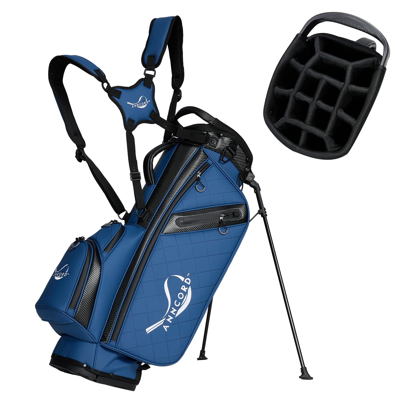 ANNCORD Golf Stand Bag with 14 Way Full Length Dividers, PU Leather Golf Bag for Men, Waterproof Golf Bags with Stand, 6 Pockets & Cooler Pouch, Adjustable Dual Straps, 2 Rain Cover Hood (Blue)