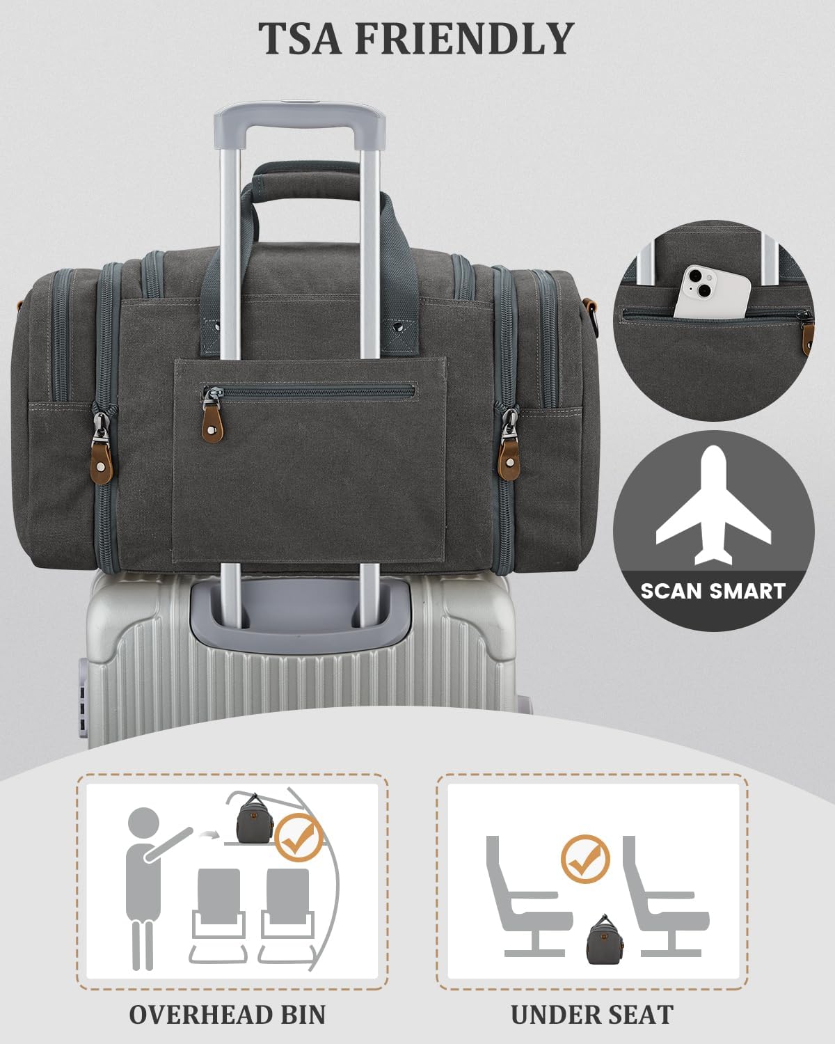 Gonex Canvas Duffle Bag for Travel, Expandable Water Resistant 50L Carry on Duffel Overnight Weekender Gym Bag with Wet Dry Separation Pocket & Suitcase Handle Sleeve, Grey - Image 7