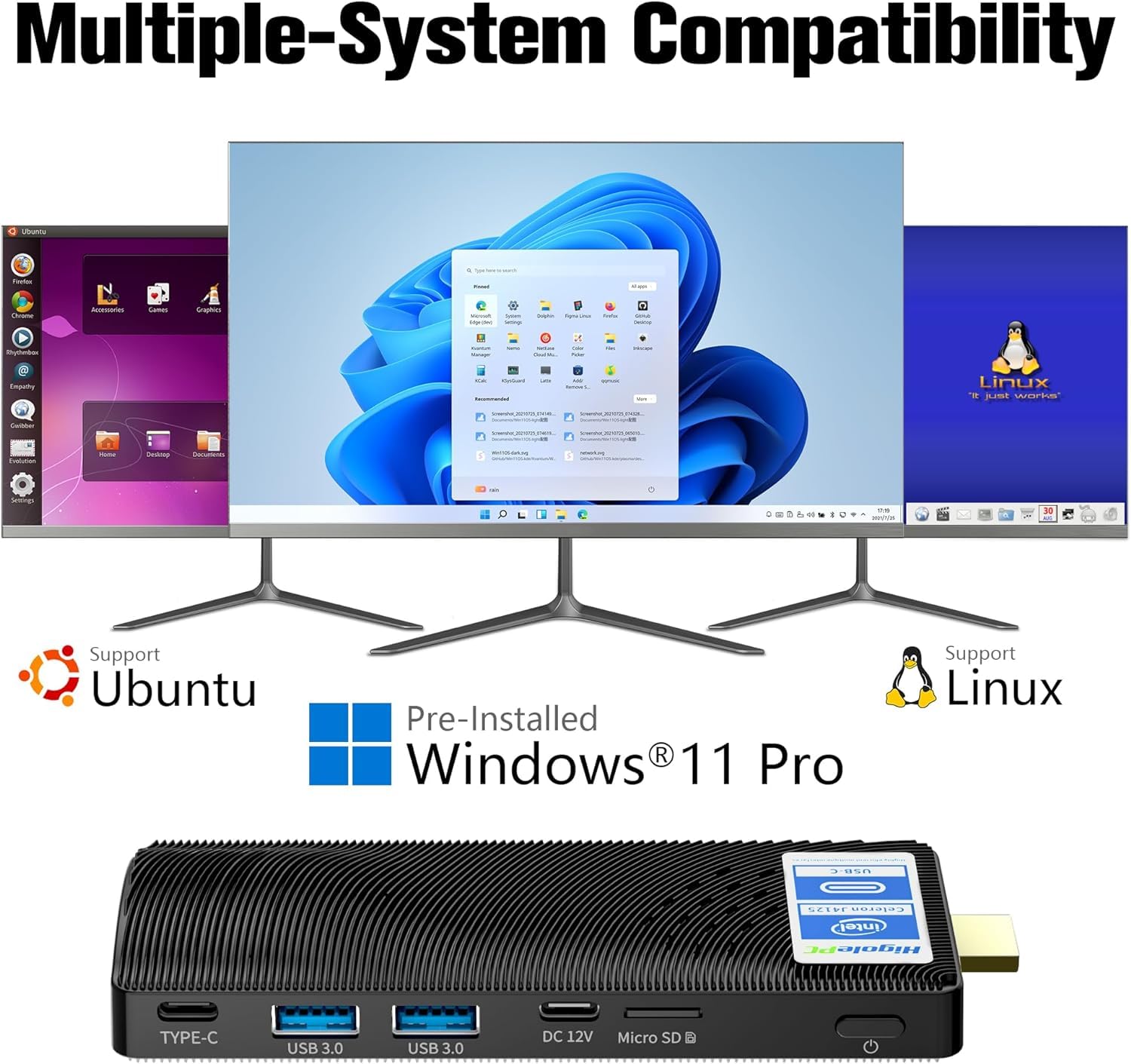 Mini PC Stick Win 11 Pro, Mini PC Lüfterlos, Celeron N4000 4GB 64GB eMMC 1.1 GHz, USB-C, USB3.0 X 2, RJ45 Gigabit Ethernet 4K 60Hz, WiFi BT 5.0, HDMI 2.0 für Geschäft Zuhause Büro