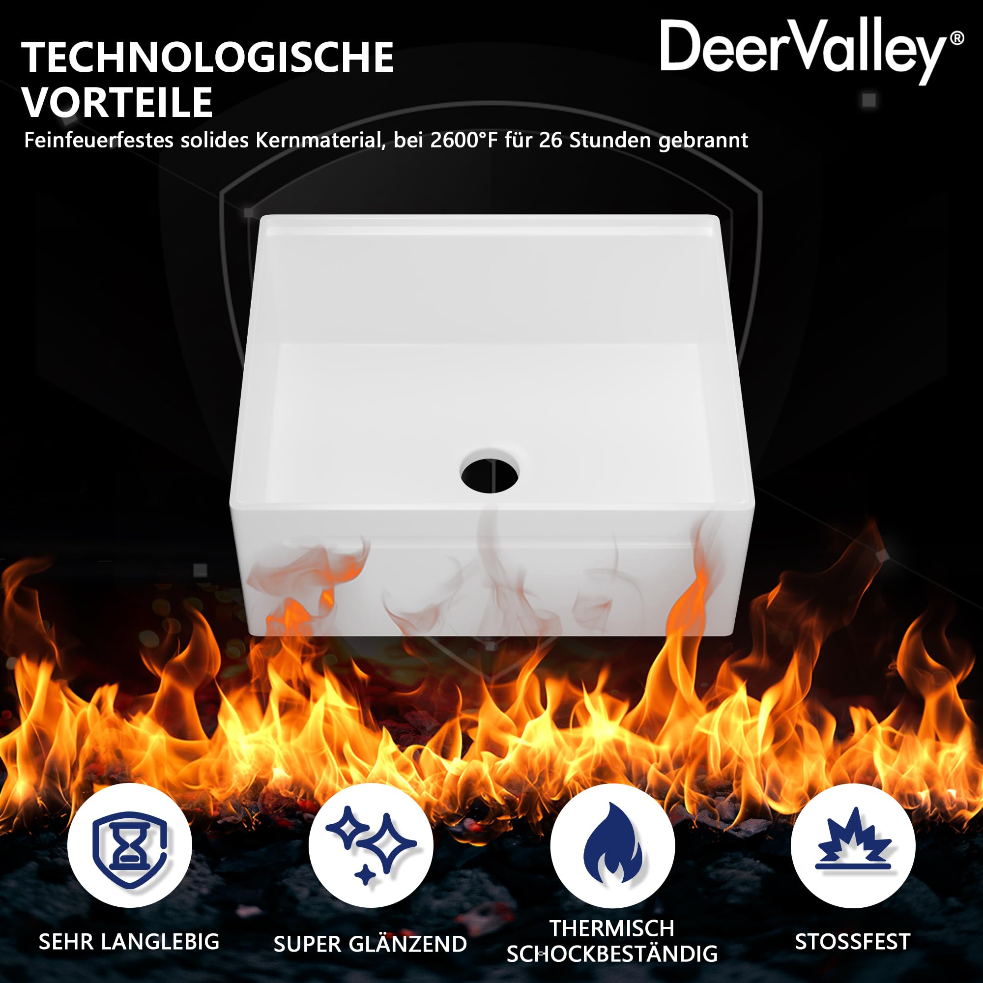 DeerValley Spülbecken 61 cm – Umkehrbares Apron-Front Küchenspüle Einbauspüle, Einzelschale, Solides Feuerfestton, Glänzend Weiß, Für Küche (61x50,8x25,4 cm)
