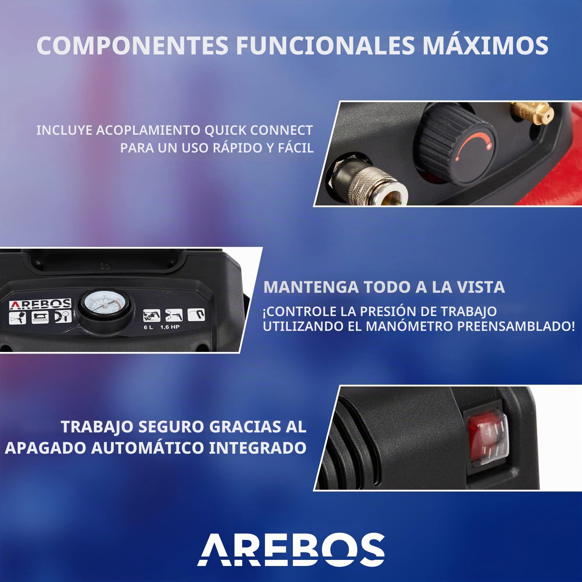 Arebos Compresor de aire comprimido | Incluye 13 accesorios | Compresor silencioso | compresores para pintar | Compresor aire electrico | Bajo mantenimiento | Apagado automático | 6 Litros
