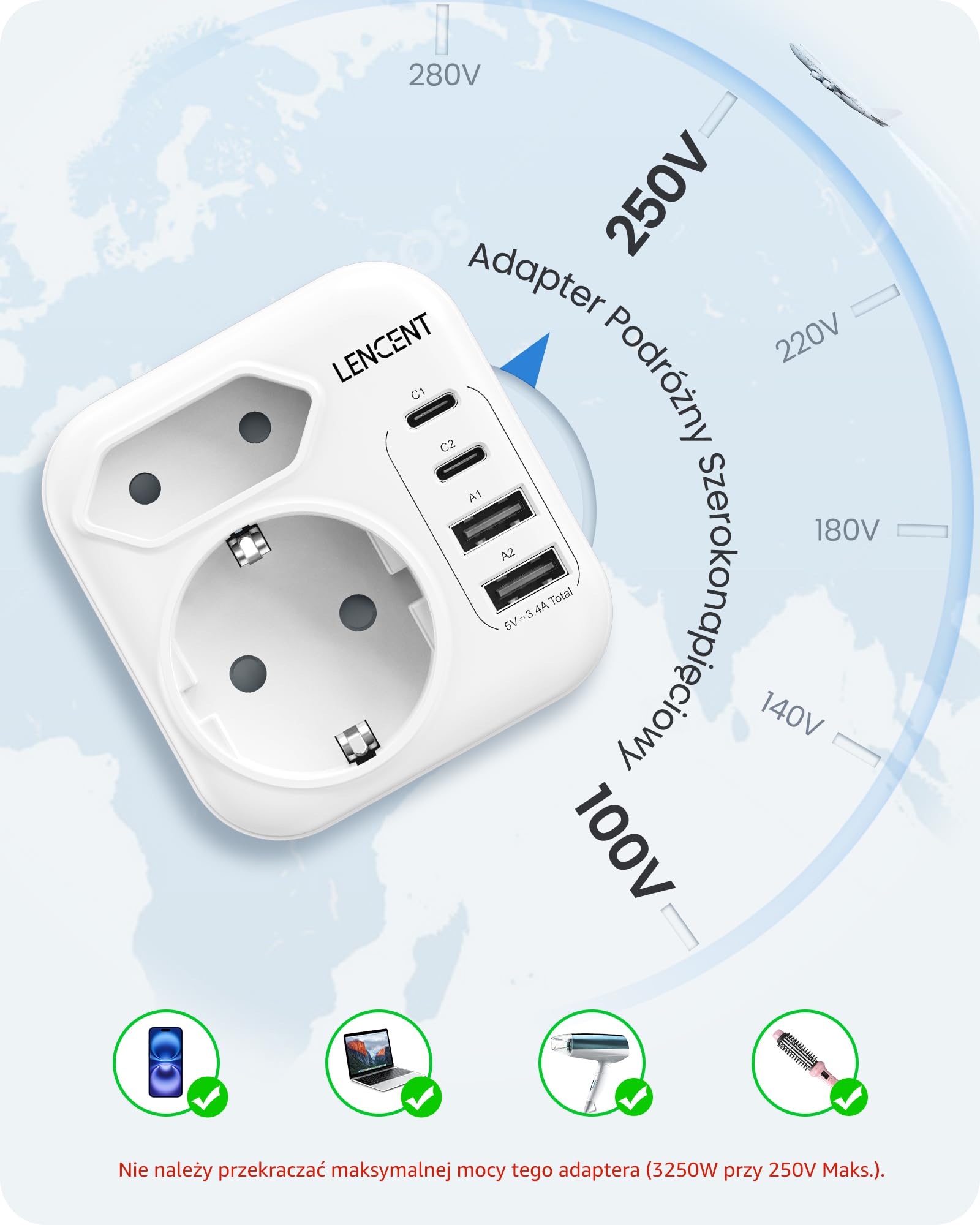 LENCENT Adapter Podróżny UK Niemcy, Adapter Typu G, Składana | Wtyczka Podróżna z 2 Portami USB-C&2 USB-A, EU Schuko na UK dla Anglii, Wielkiej Brytanii, Szkocji, Irlandii, Malediwów