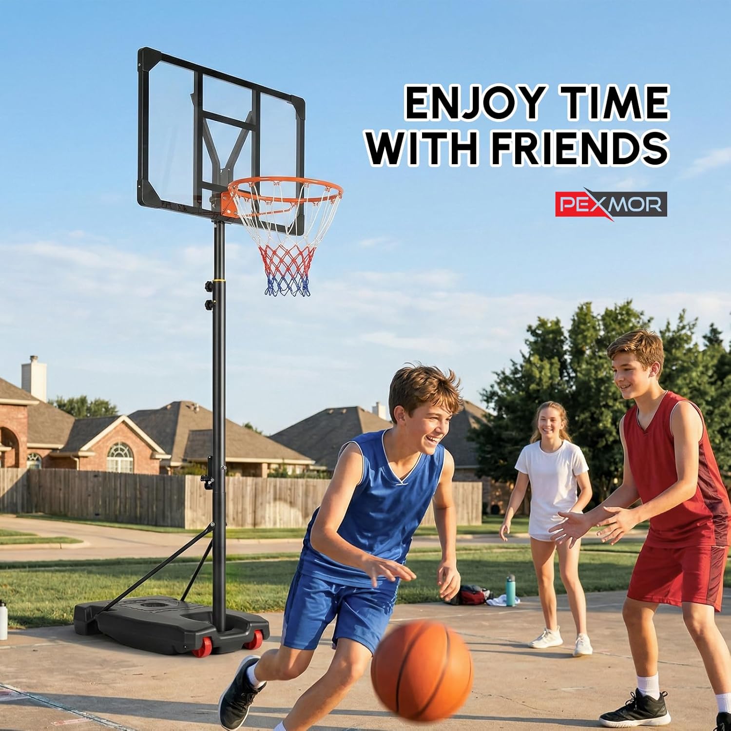 PEXMOR 5.05-8.53FT Portable Basketball Hoop, Adjustable to Any Height Easily, 33" Backboard for Kids & Youth, with Fillable Base & Wheels, Basketball Goal for Outdoor, Indoor, Backyard, Driveway