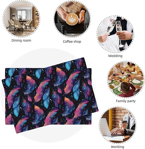 Miniatura 7 de Dining Table Placemats Set of 4-12x18 Inch Pink Blue Feathers Print Faux Linen Double Heat Resistant Place Mats, Kitchen Table Mats, Wipeable