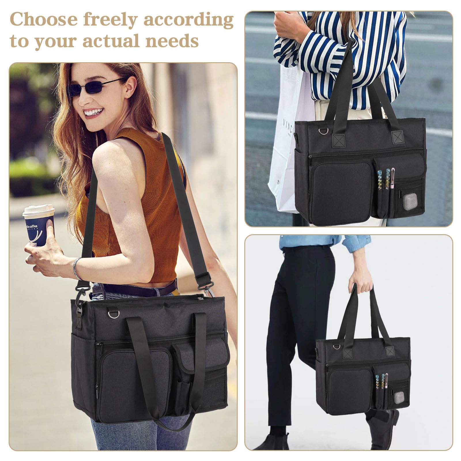 Borsa da Lavoro Portatile per Insegnanti con Tasche Multiple e Custodia Imbottita per Laptop, Grandi Borse Tote Ideale per Lavoro, Viaggi, Scuola, Ufficio, Affari - Nero