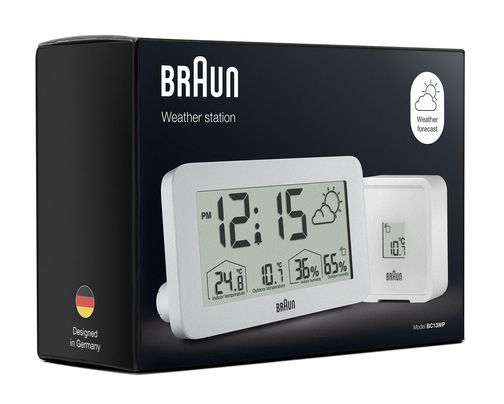 Braun Orologio digitale con stazione meteorologica temperatura e umidità interna ed esterna, previsioni, display LCD, impostazione rapida, allarme sonoro in crescendo, bianco, modello BC13WP.