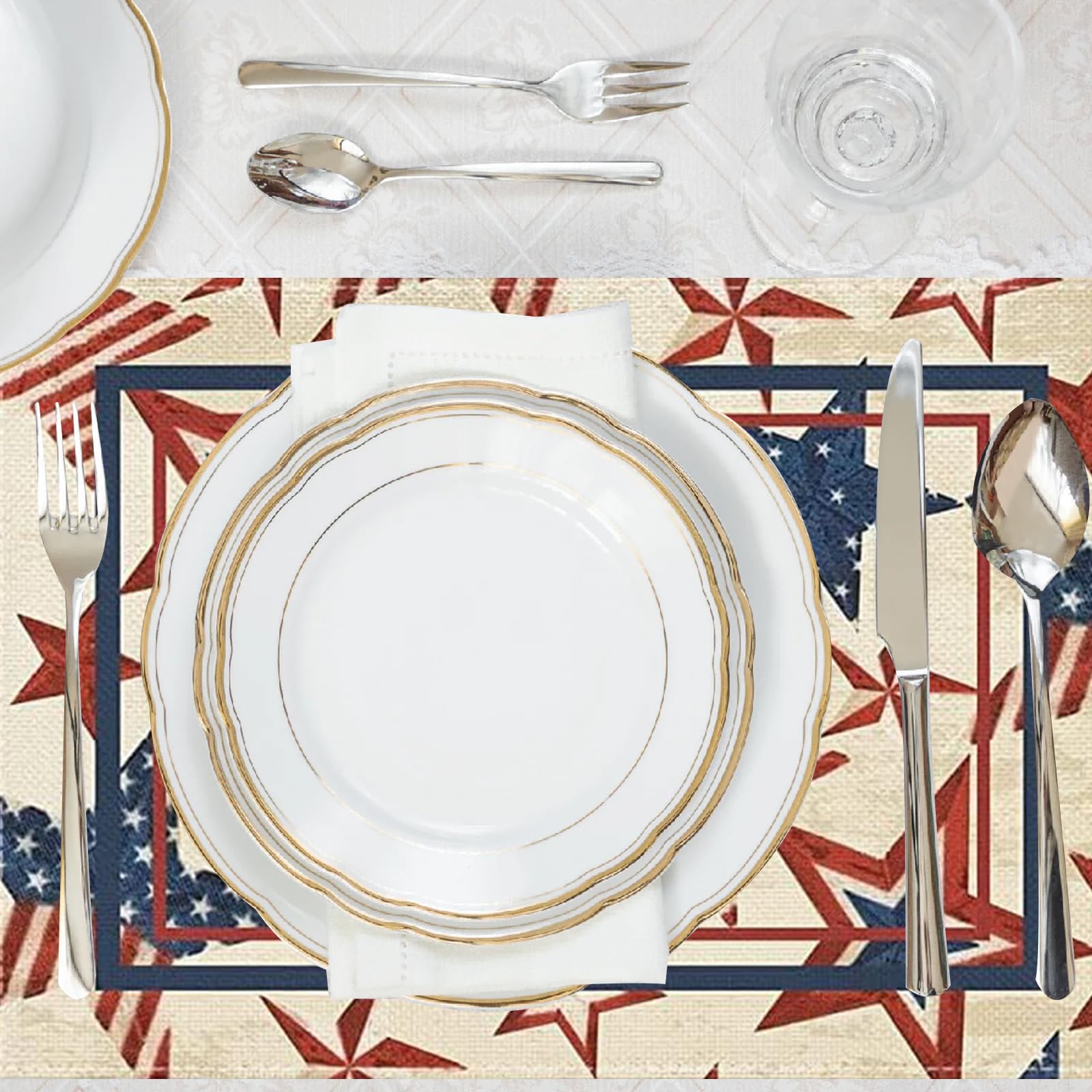 Niviy Retro Stars Stripes Patriotic Placemats Set of 6, 12x18 Inch Memorial Day Independence Day Table Mats for Holiday Party Kitchen Dining Room Decoration