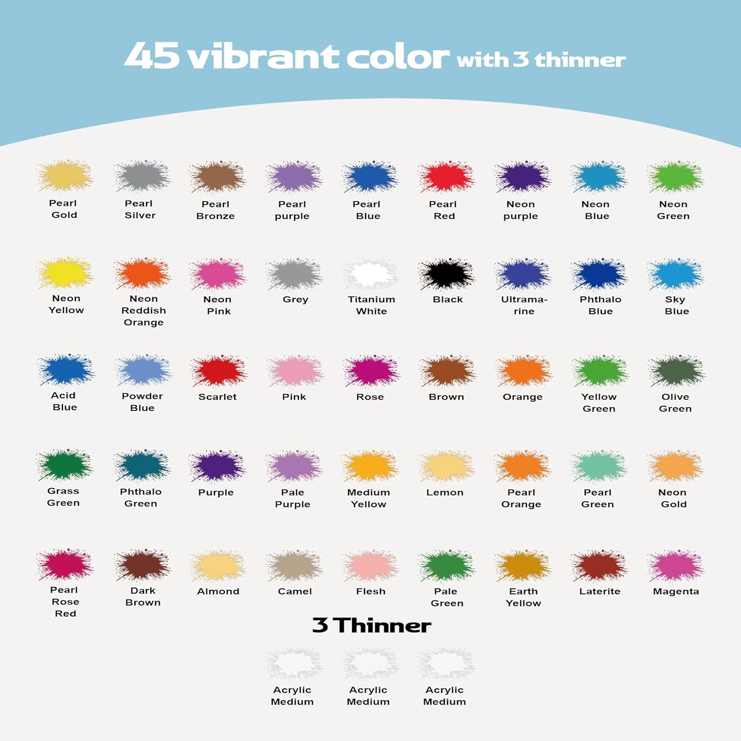 Airbrush Paint - 45 Colors Airbrush Paint Set with 3 Tinner, Plastic & Wood Acrylic Air brush Paint Kit Ready to Spray, Water-Based for Artists Beginners Hobbyist, 0.34 Fl Oz/10ml - 48 Bottles - Image 2