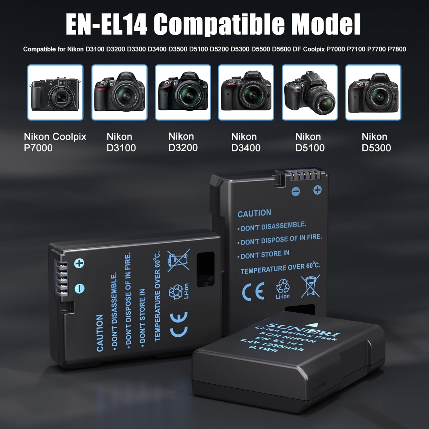 3-Pack EN-EL14 EN-EL14A Battery Packs and LCD Triple Charger Compatible for Nikon D5600 D5500 D5300 D5200 D5100 D3500 D3400 D3300 D3200 D3100 Df Coolpix P7800 P7700 P7200 P7100 P7000 Cameras