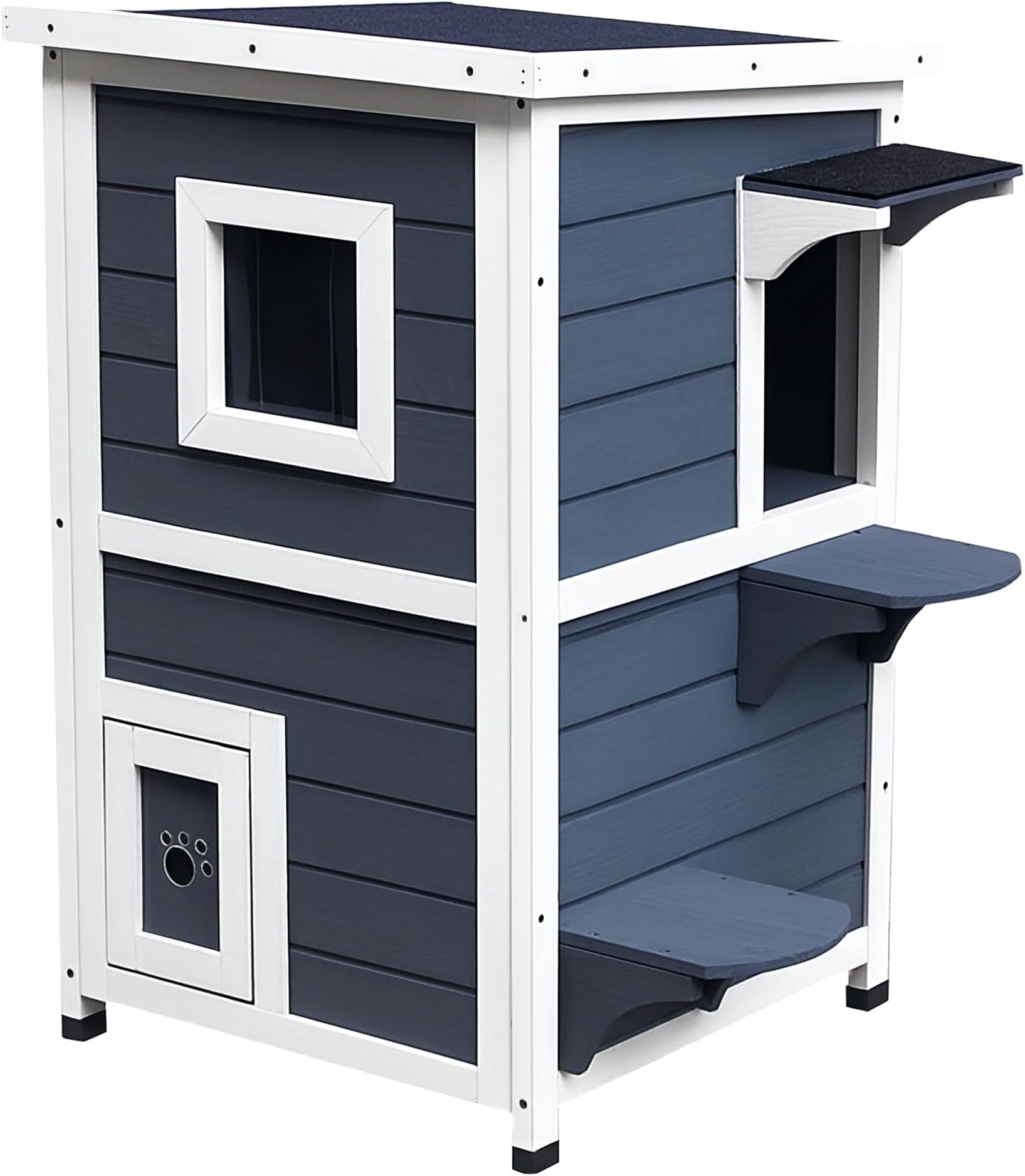 PawHut Outdoor Cat House with Escape Door, Weatherproof 2-Story Wooden Feral Cat Shelter with Opening Asphalt Roof, Dark Gray