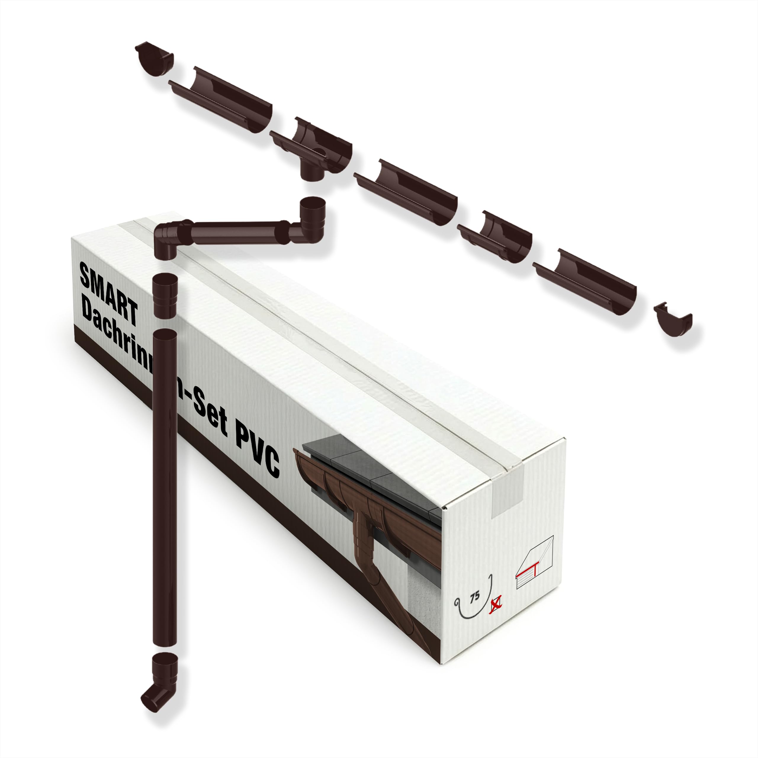 SMART Dachrinnen-Set PVC, 61-teilig, 75/63 mm für 12 m Dachlänge (Braun)