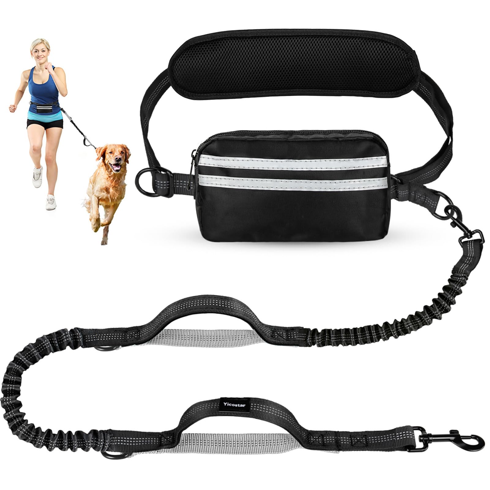 Yicostar Hands Free Dog Leash, Adjustable Waist Belt with Double Padded Handles, Retractable Bungee for Medium & Large Dog, Running, No Pull,Black