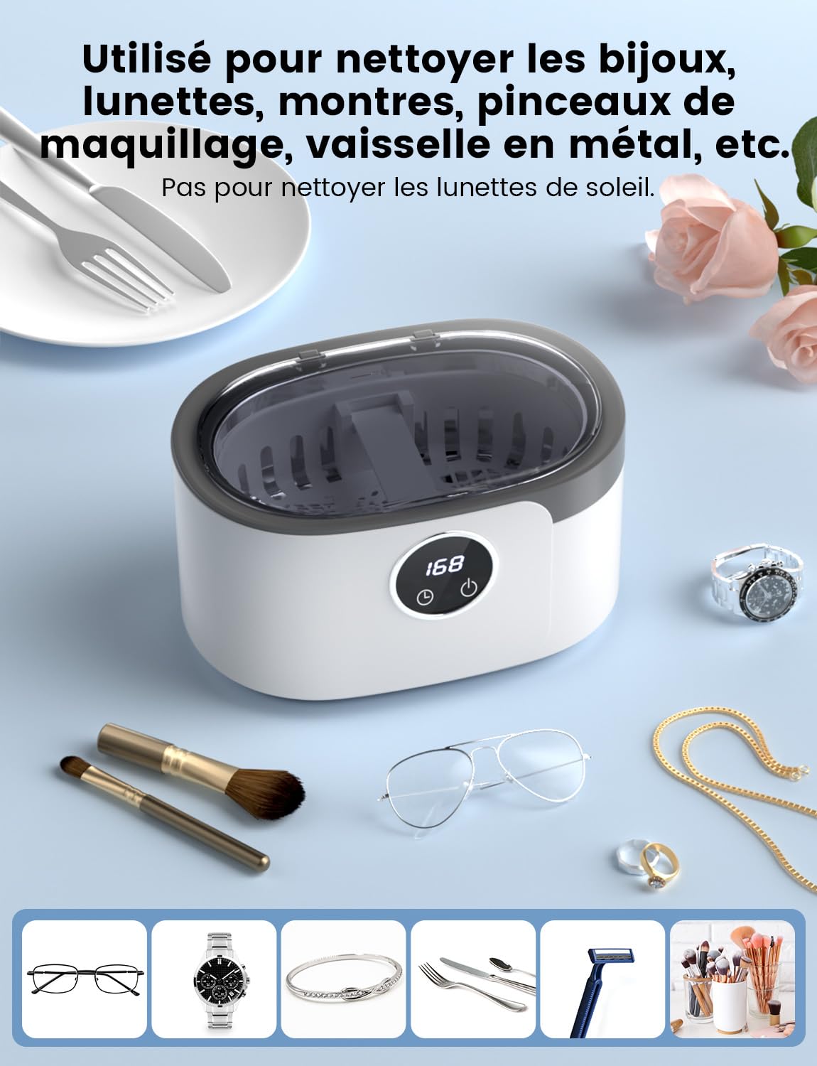 Nettoyeur Ultrasons 600ML, Nettoyeur Ultrasons Lunettes 50000Hz Nettoyant Bijoux Argent avec 5 Réglages de Temps, pour Bijoux, Montres, Lunettes