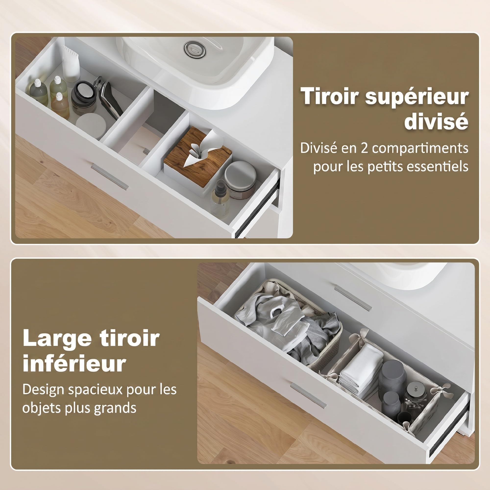 HOMCOM Meuble sous lavabo, Meuble de Salle de Bain avec 2 tiroirs, Armoire de Salle de Bains sous lavabo, Style Moderne, 80 x 30 x 60 cm, Blanc