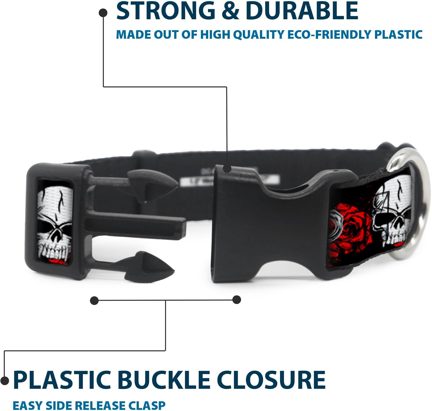 Buckle-Down Plastic Clip Collar - Brass Knuckles/Skulls/Roses Black/Red/White