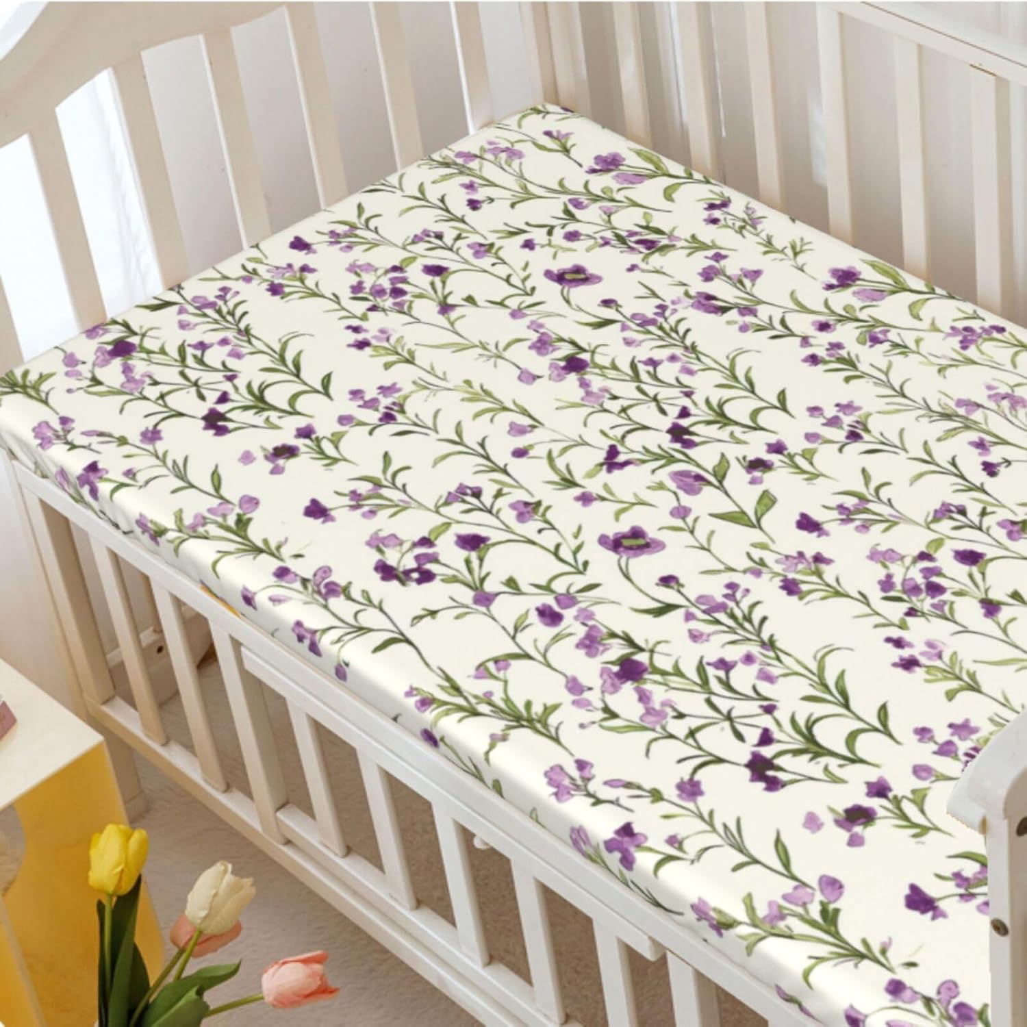 Flower Theme Fitted Crib Sheet,28"x 52" Baby Bedding with Soft Fabric - Breathable Material for Nursery Decor - Durable and Machine Washable,Sage Decorative Pattern &Purple Green