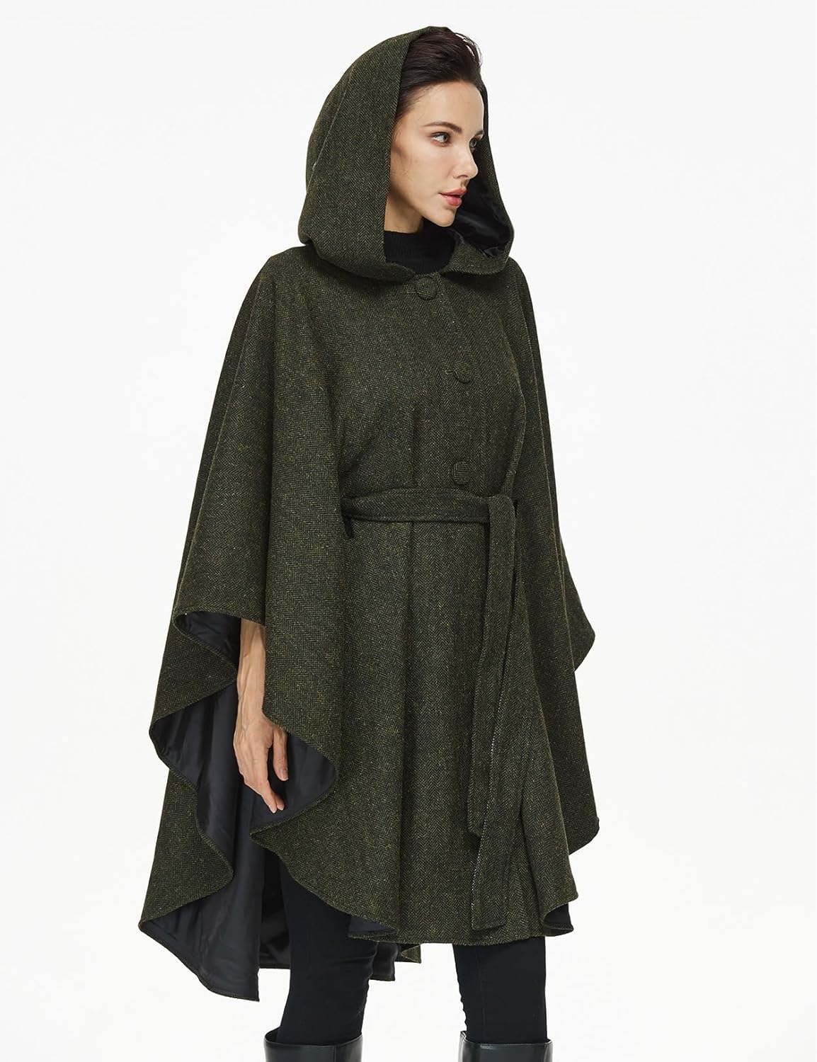 Women Wool Cape Coat with Hood Sleeveless Belted Cloak Cape Poncho for Fall Winter - Image 3