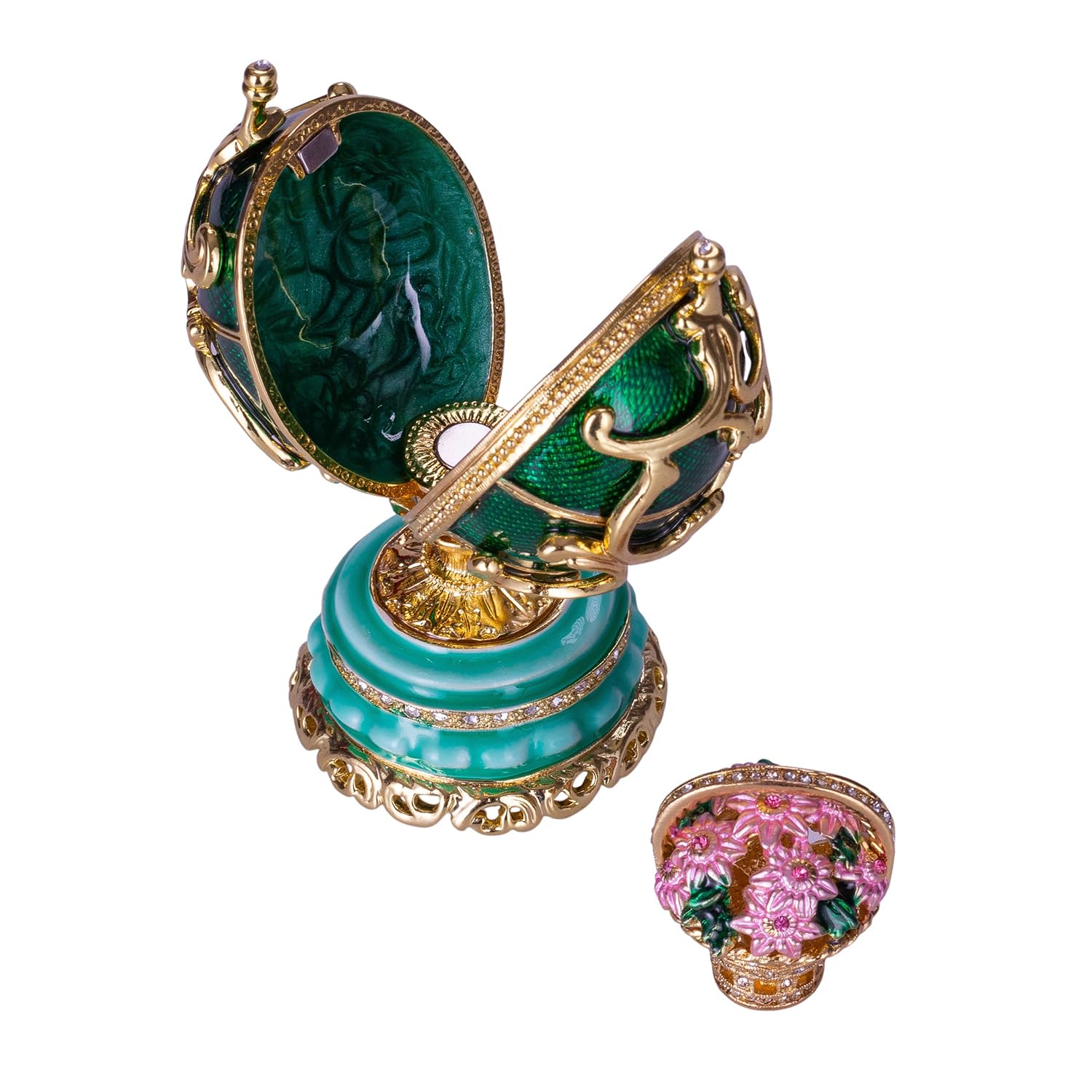 danila-souvenirs Huevo al Estilo Fabergé Flores de Primavera con Cesta de Flores 8,5 cm Verde
