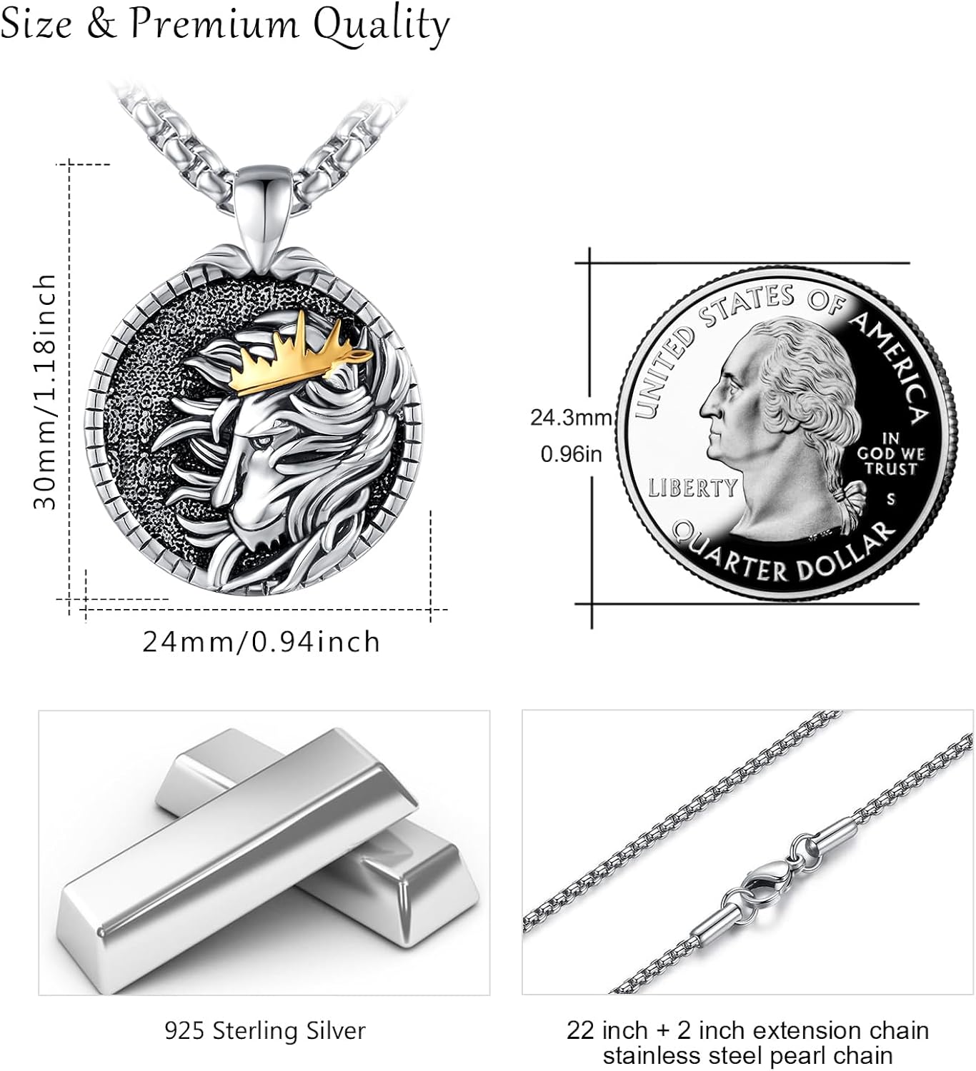 Miniatura 6 de XIXLES LionTiger Head Necklace 925 Sterling Silver Gold Plated Embossed Shiny 3D Animal Head Pendant, Charm TigerLion Medal Jewelry Gift for Men