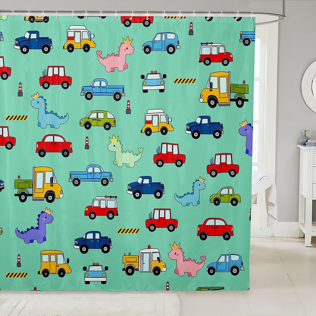 Feelyou Dinosaur Shower Curtain for Bathroom Decor Cute Dino Bath Curtain for Stalls Bathtubs Cartoon Car Bathroom Accessories Waterproof Polyester Fabric with 12 Hooks 72"x72"
