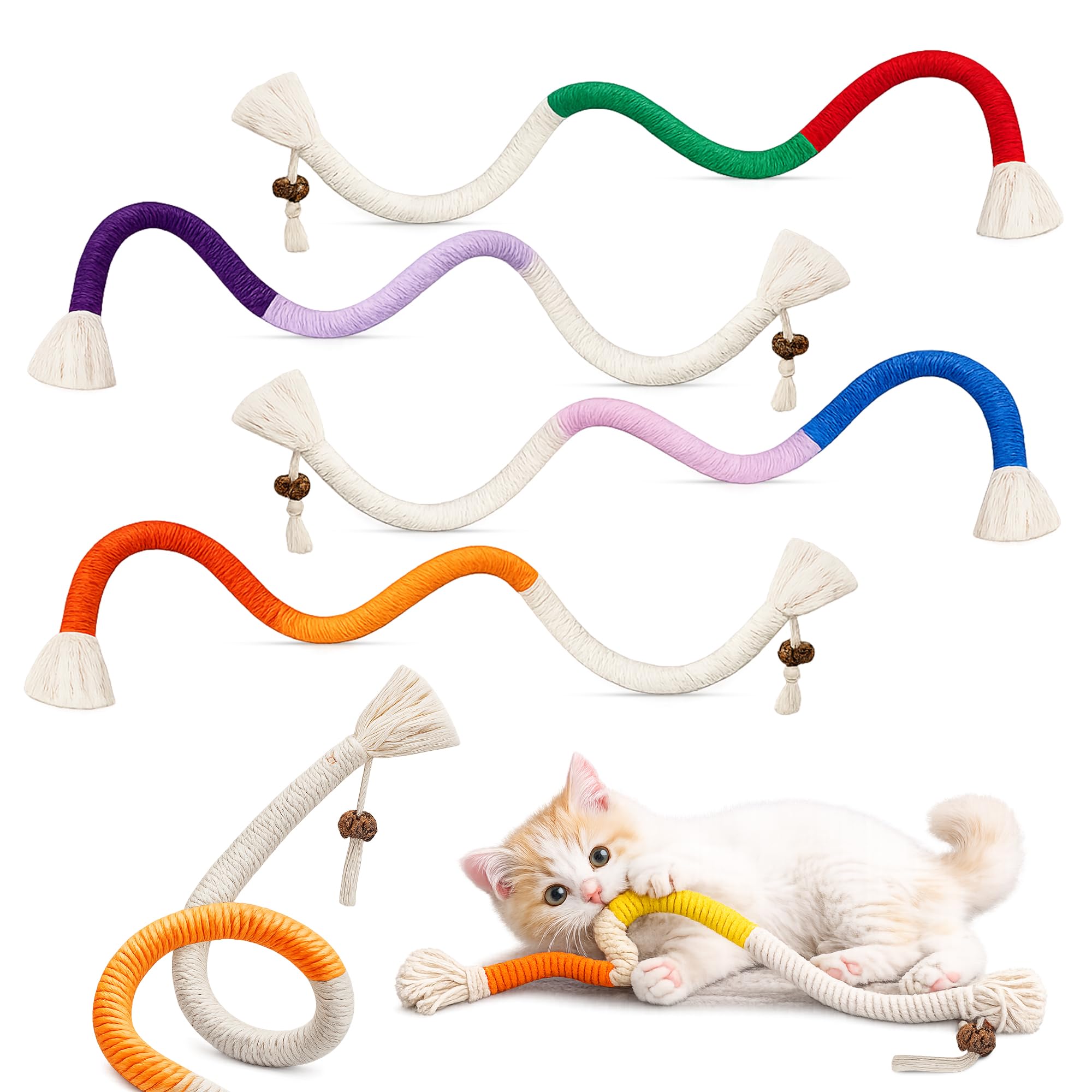 Belrez Cat Chew Rope, 4 Pcs Cat Chew Toy with Refillable Natural Catnip - Dental Care Kitten Teething Toys, Interactive Organic Cotton Chew Rope Toys for Cats, Increase Appetite & Relief Stress, 70 cm